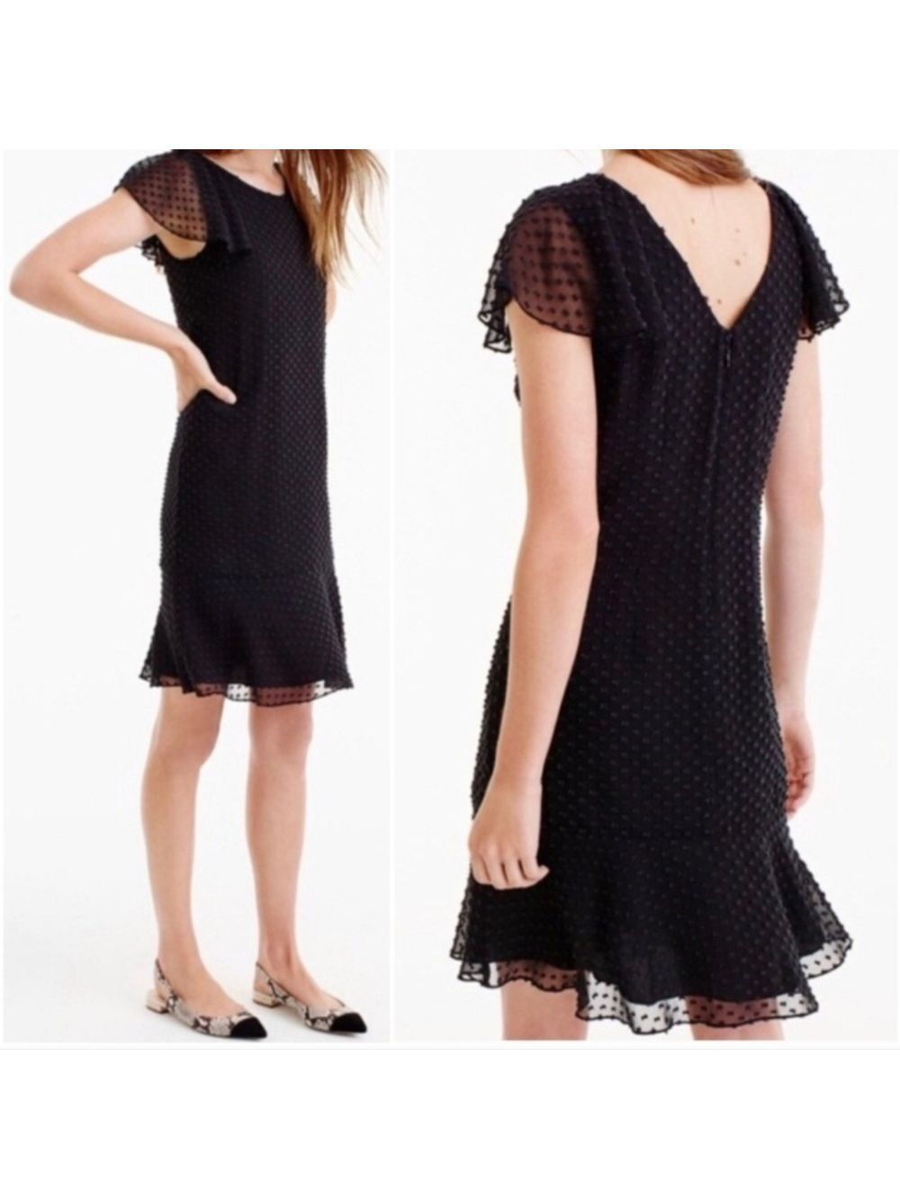 J.Crew Black Clip Dot Flutter Sleeve Silk Dress Size 4 Flirty F6949